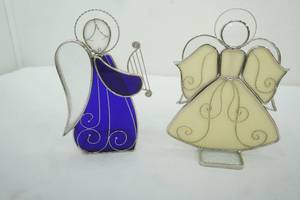 lot 409 image: Pair of Stained Glass Angel Candle Holder and Figurine