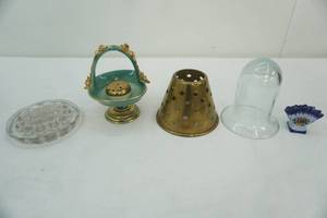 lot 414 image: Vintage Incense Burner-green glazed ceramic, vintage ceramic fan vase tulipiere, flower frog and more