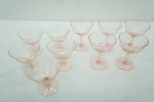 lot 443 image: 1930s Pink Depression Glass Champagne Glasses 5 tall, 5 short-etched