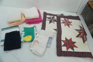 lot 456 image: Bath Towels, Hand Towels, Dish Towels, Quilted Pillow Shams (some yellowing)