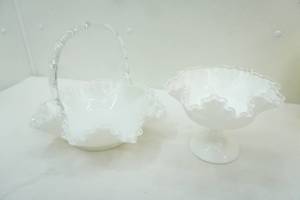 lot 475 image: Vintage Fenton Silver Crest Milk Glass Ruffled Edge Basket and Pedestal Compote Dish