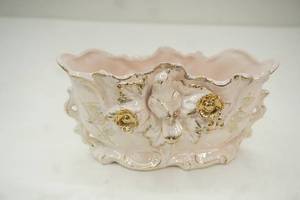 lot 484 image: Vintage pink iridescent glaze porcelain planter wbirds and flowers