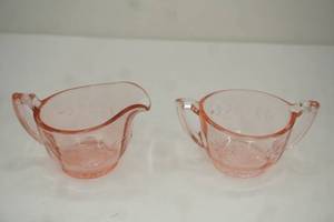 lot 494 image: 1930s Pink Depression Glass Sugar and Creamer. etched floral