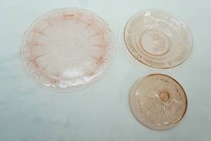 lot 499 image: 1930s Pink Depression GLass Cherry Blossom footed cake plate, Cabbage Rose Federal round butter dish wlid