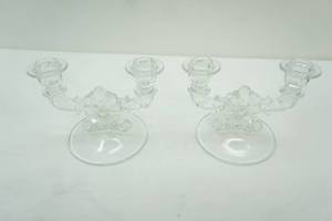 lot 510 image: Indiana Glass Flower Rosette Scroll Double Candlestick Holders