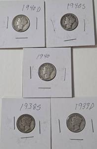 lot 35 image: 5 - Silver Mercury Dimes (1938S, 1939D, 1940, 1940D, 1940S)
