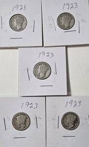 lot 36 image: 5 - Silver Mercury Dimes (1923)