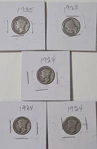 lot 37 image: 5 - Silver Mercury Dimes (1924,1924,1924,1925,1925)