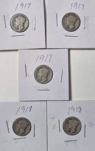 lot 38 image: 5 - Silver Mercury Dimes (1917,1917,1917,1918,1918)