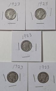 lot 39 image: 5 - Silver Mercury Dimes (1923)