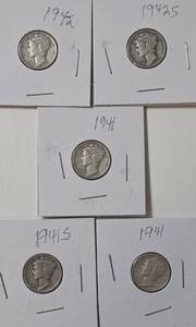 lot 40 image: 5 - Silver Mercury Dimes (1941,1941,1941S,1942,1942S)