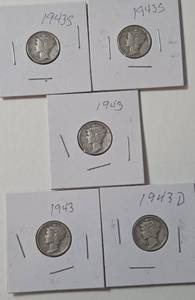 lot 41 image: 5- Silver Mercury Dimes (1943D,1943S, 1943,1943,1943S)