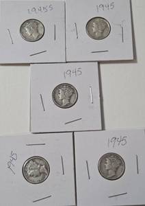lot 42 image: 5 - Silver Mercury Dimes (1945,1945,1945,1945S,1945S)