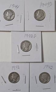 lot 43 image: 5 - Silver Mercury Dimes (1942,1942,1942D,1944D,1944)