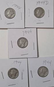 lot 44 image: 5 - Silver Mercury Dimes (1944,1944,1944,1944,1944D)