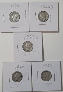 lot 45 image: 5 - Silver Mercury Dimes (1925,1925,1925S,1926,1926D)