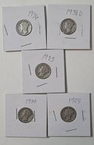 lot 47 image: 5 - Silver Mercury Dimes (1934,1935,1935,1936,1938D)