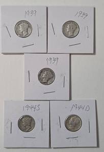 lot 48 image: 5 - Silver Mercury Dimes (1939,1939,1939,1944D,1944S)