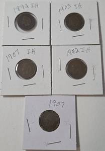 lot 53 image: 5 - Indian Head Pennies (1892,1892,1903,1907,1907) - IH