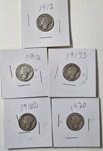 lot 46 image: 5 - Silver Mercury Dimes (1912,1912,1917S,1918D,1920)