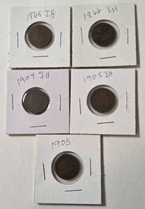 lot 55 image: 5 - Indian Head Pennies (1865,1866,1904,1905,1905)  IH