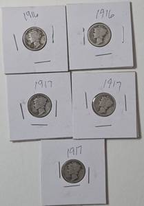 lot 56 image: 5 - Silver Mercury Dimes (1916,1916,1917,1917,1917)