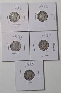 lot 57 image: 5 - Silver Mercury Dimes (1923,1923,1924,1924,1925)