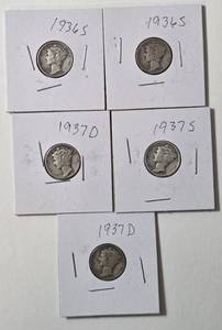 lot 58 image: 5 - Silver Mercury Dimes (1936S,1936S,1937S,1937D,1937D)