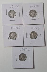 lot 59 image: 5 - Silver Mercury Dimes (1942D,1942D,1942D, 1943S,1943S)