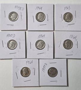 lot 60 image: 8- Silver Roosevelt  Dimes (1948D,1959D,1962,1963,1963D,1964,1964,1964)