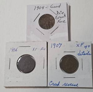 lot 66 image: 3 - Indian Head Pennies (1904 Die Crack Face, 1906, 1907 Crud Reverse)