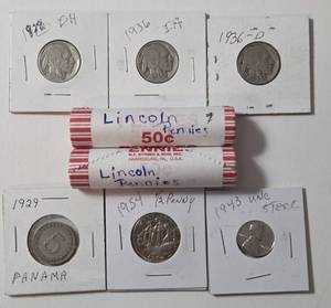 lot 54 image: 3 - BuffaloIndian Head Nickels (1928,1936,1936D) 1943 Unc. Steel Penny, 1954 Half Penny, 1929 Panama 5 Cent , 2 Rolls of Lincoln Pennies