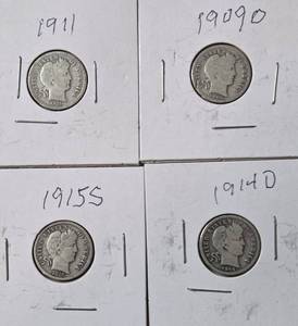 lot 49 image: 4 - Silver Barber Dimes (1909O,1911,1914D,1915S)