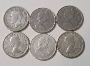 lot 62 image: 6 - Canadian Dimes  (1965, 1974, 1980) (1956-Silver,1957 -Silver) and 1938 King George VI - Silver)