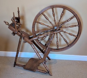 lot 27 image: LR - Antique Wooden Spinning Wheel