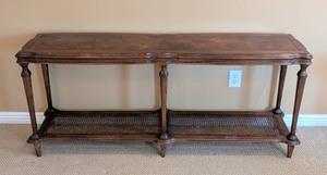 lot 33 image: LR - Vintage Ethan Allen Two Tiered Console Table Wood Woven Rattan Solid Entry  Sofa Table