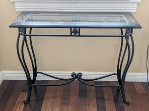 lot 69 image: EW - Elegant Glass-Top Console Table - Wood Frame & Black Metal