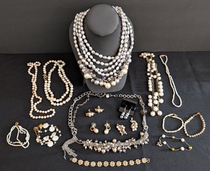 lot 123 image: K - Assorted Pearl Fashion Jewelry - Faux & Cultured Pearl Earrings, Necklaces & Bracelets