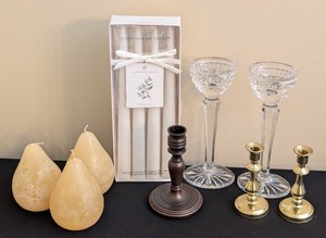 lot 215 image: LR - Chesapeake Bay Candle Unscented Taper Candles & Crystal Glass Candle Holders Set