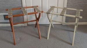 lot 232 image: MB - Vintage Luggage Racks Pair, Wood & Fabric Straps