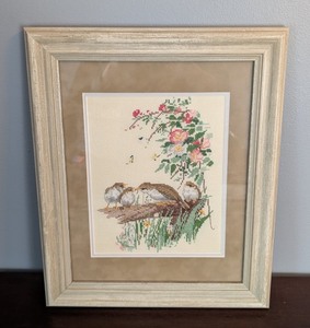 lot 236 image: B2 - Framed Bird Cross-Stitch - Roses & Birds on Log