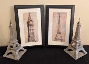 lot 278 image: Framed Big Ben & Eiffel Tower Prints with Matching Eiffel Tower Bookends