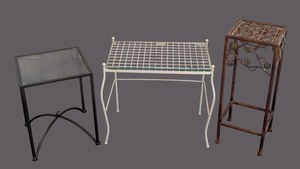 lot 285 image: Decorative Side Tables (Lot of 3) - Black Glass-Top, White Grid-Top, Brown Lattice Stand