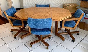 lot 15H image: Vintage Oak Octagonal Dining Table w 6 Blue Upholstered Chairs