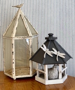 lot 50H image: Three Hands Corp Birdcage Lantern Set - 22.5 in White Hex & Black Pagoda Lantern & Dragonflies
