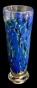 lot 81H image: Handblown Art Glass Vase - Signed - Deep Blue Leaf Pattern