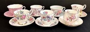 lot 82H image: Assorted Vintage Floral Bone China Teacups & Saucers - 7 Sets (14 Pieces)
