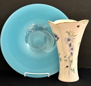 lot 83H image: Lenox Morningside Cottage Vase and Tiffany Color Glass Plate