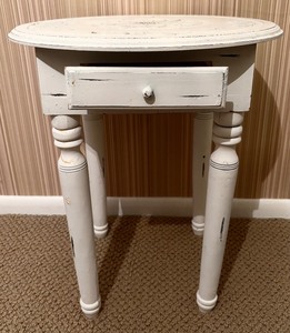 lot 85H image: White Round End Table with Drawer - Carved Floral Top
