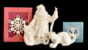 lot 99H image: SR - Lenox Santa Claus & Cat Figurines with Lantern, 2 Ornaments (Lot of 5)
